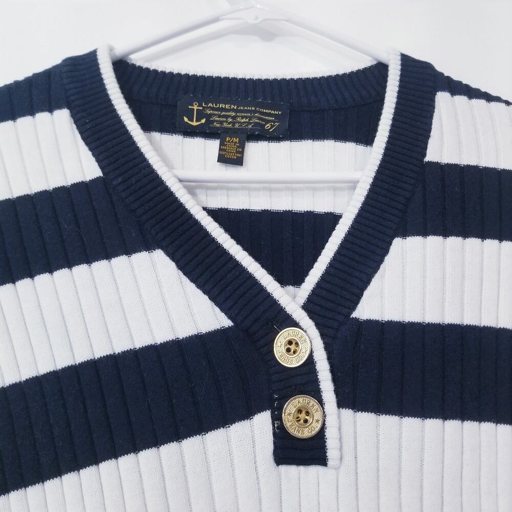 Lauren Jeans Company Nautical Ribbed Knit Sweater Blouse Long Sleeves V-Neckline - Picture 11 of 12